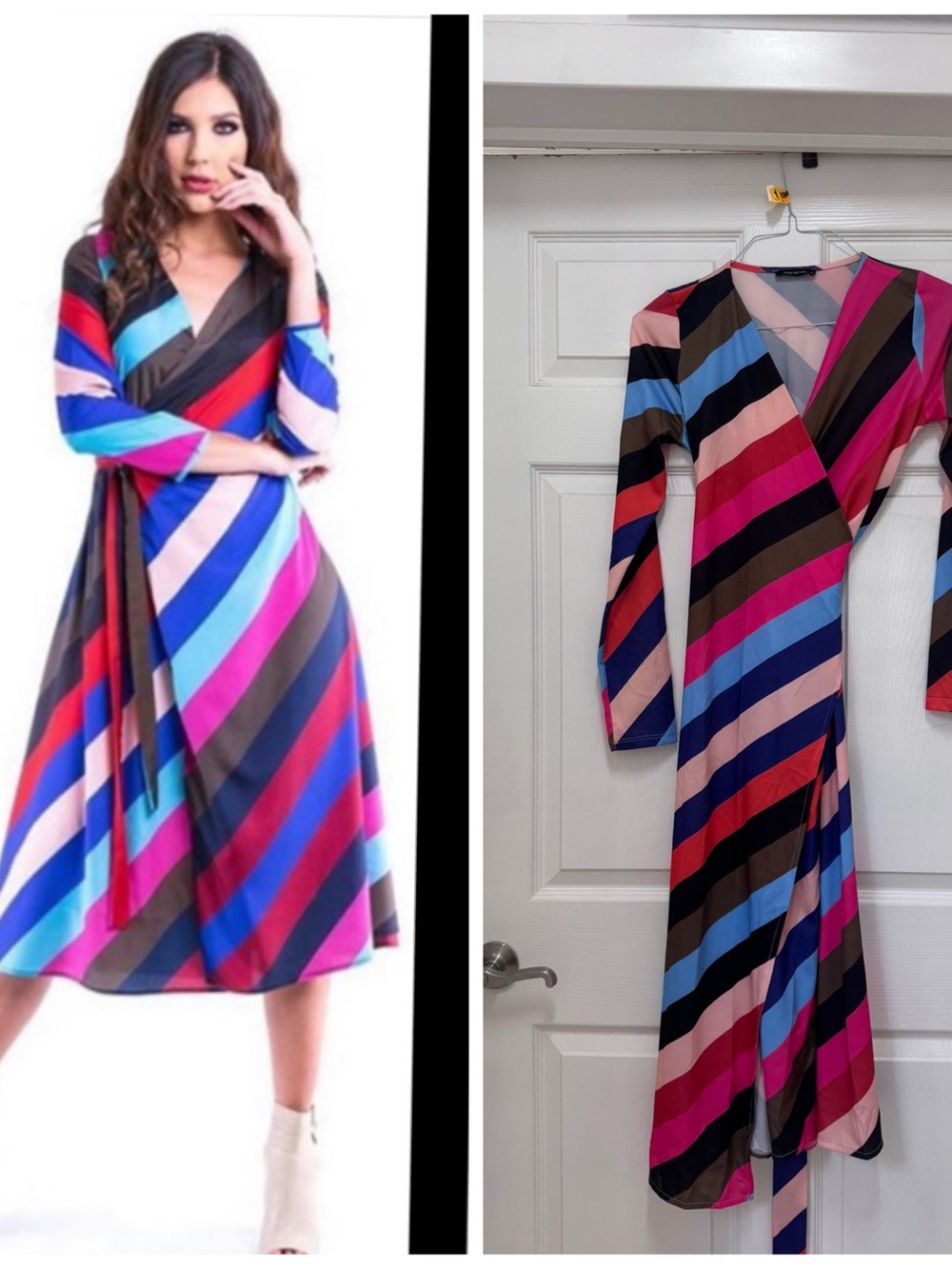 ASOS Striped Wrap Midi Dress in Pink, Blue, Red and Black